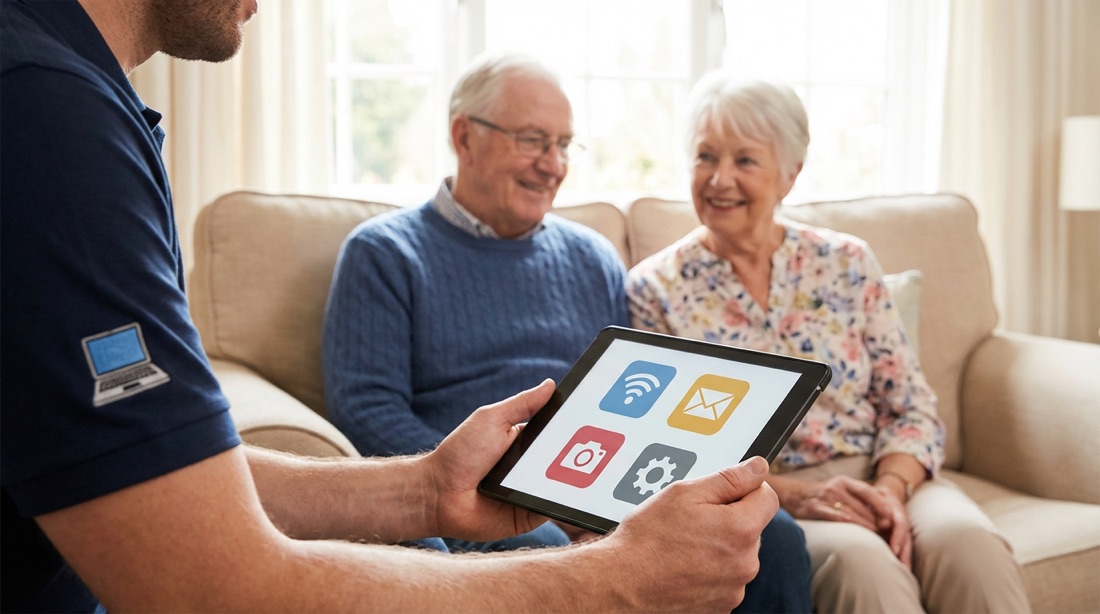 Explication de l'usage d'une tablette à un couple, installé dans son salon